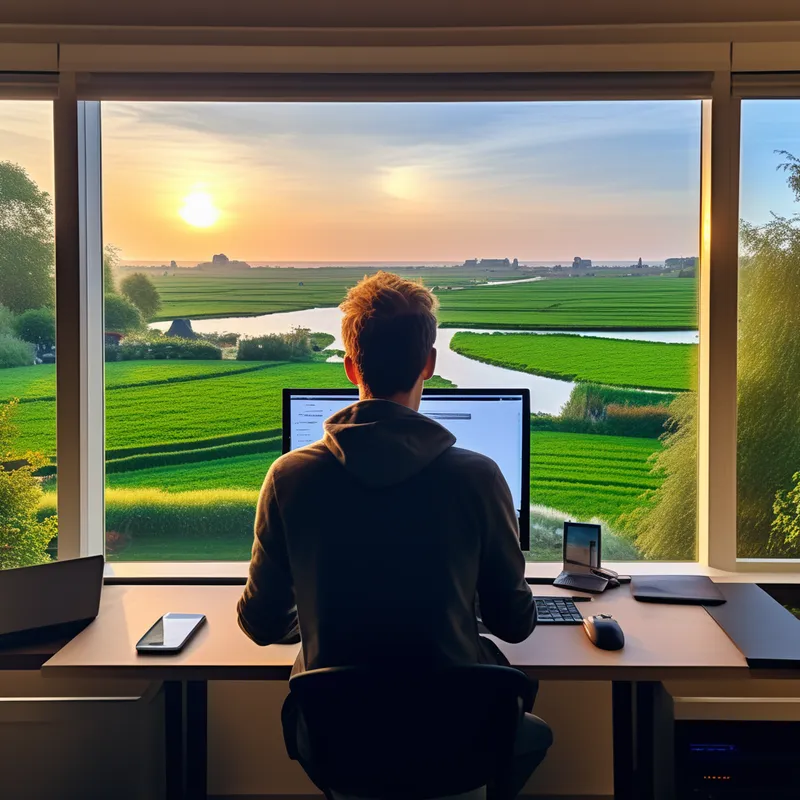 Guy programming in front of a dutch landscape.